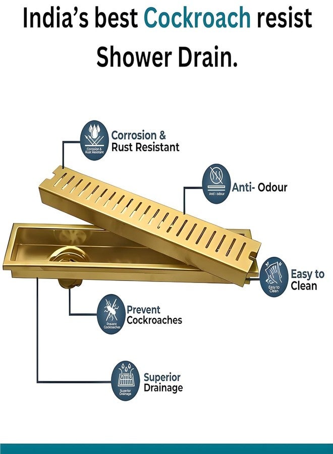 SPAZIO قناة تصريف مياه الاستحمام SPAZIO مطلية بالذهب بتقنية PVD، خطية/عمودية، 24×4 بوصة، طول 24 بوصة | مصفاة أرضية للحمام | شبكة تصريف للحمام | مصنوعة من الفولاذ المقاوم للصدأ 304 | فتحة جانبية (24×4 بوصة) - Image 3